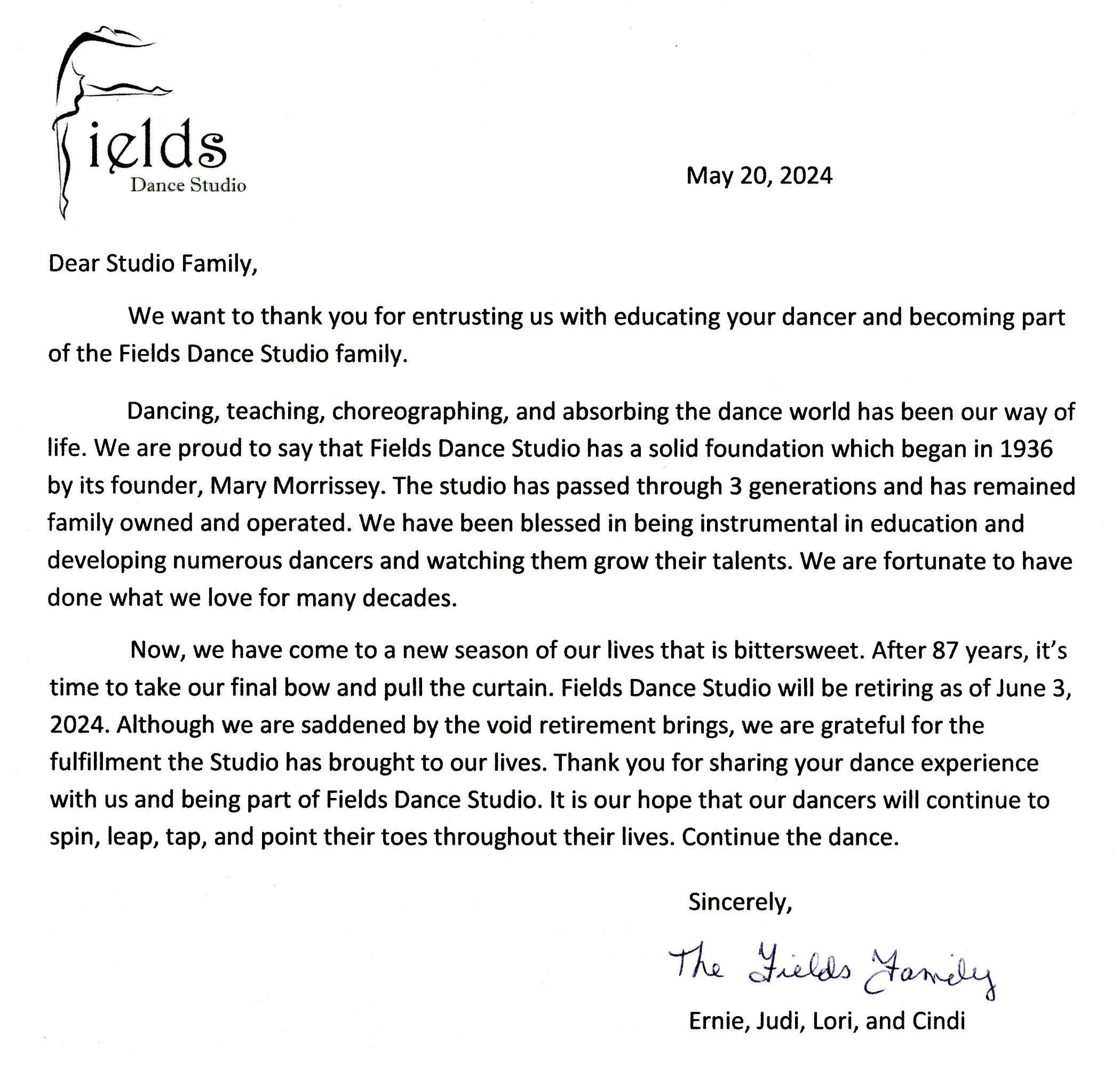 Farewell & Thank-you from the Fields Family